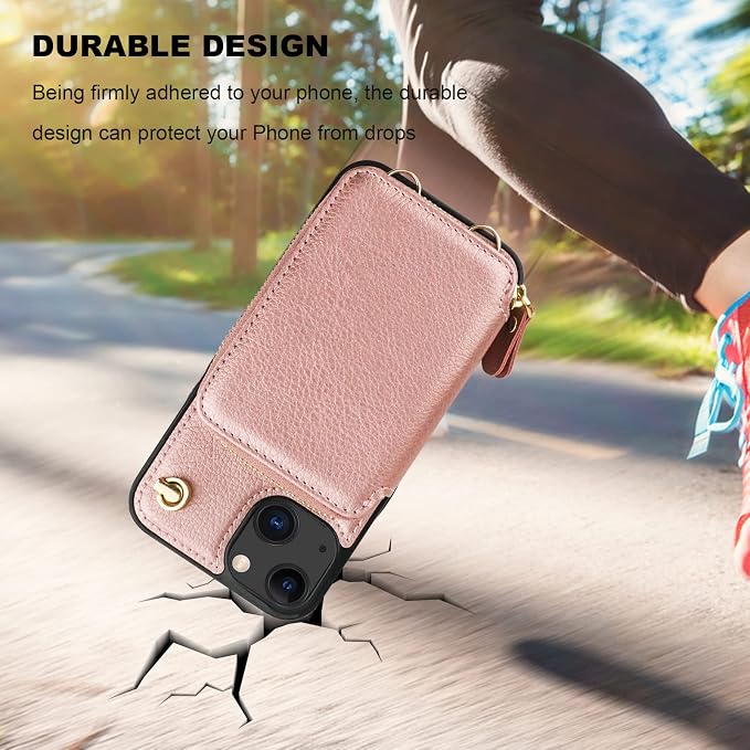Bocasal Crossbody Wallet Case for iPhone 14/13, RFID Blocking Leather Purse Case with Card Holder, Protective Handbag Flip Cover with Zipper Wrist Strap Lanyard for Women 5G 6.1 Inch (Rose Gold)