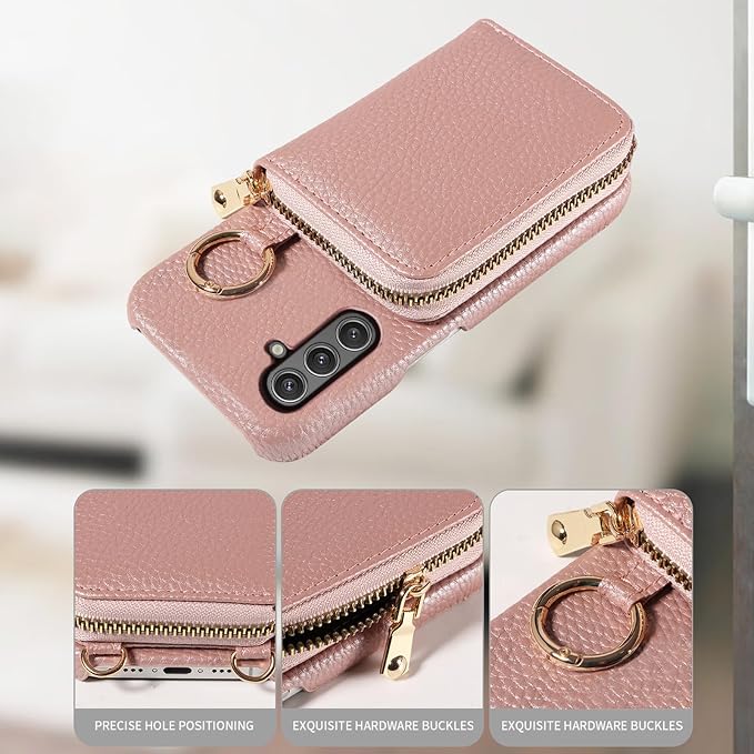 Wallet Case for Samsung Galaxy A26 5G with Shoulder Strap Ring Buckle, Luxury PU Leather Zipper Flip Organ Purse, Credit Card Holder Stand Full Body Cell Phone Cover for A 26 26A LTE Rose Gold