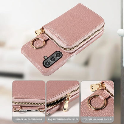 Wallet Case for Samsung Galaxy A54 5G & Shoulder Strap Ring Buckle, Luxury PU Leather Zipper Flip Organ Purse Card Holder Stand Full Body Phone Cover for A545G A 54 54A 4G G5 SM A546U Rose Gold