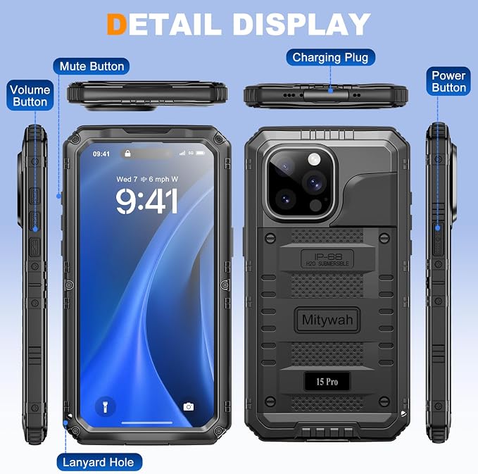 Mitywah Waterproof Case for iPhone 15 Pro, Heavy Duty Shockproof Case with Built-in Screen Protector, Full Body Underwater Protective Metal Case 6.1 inch, Black