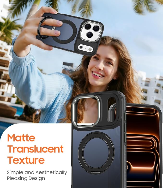 for iPhone 17 Pro Case with 360 Magnetic Ring Stand, Fit MagSafe, Military-Grade Shockproof Protection, Non-Slip Slim Translucent Protective Phone Cover, Black