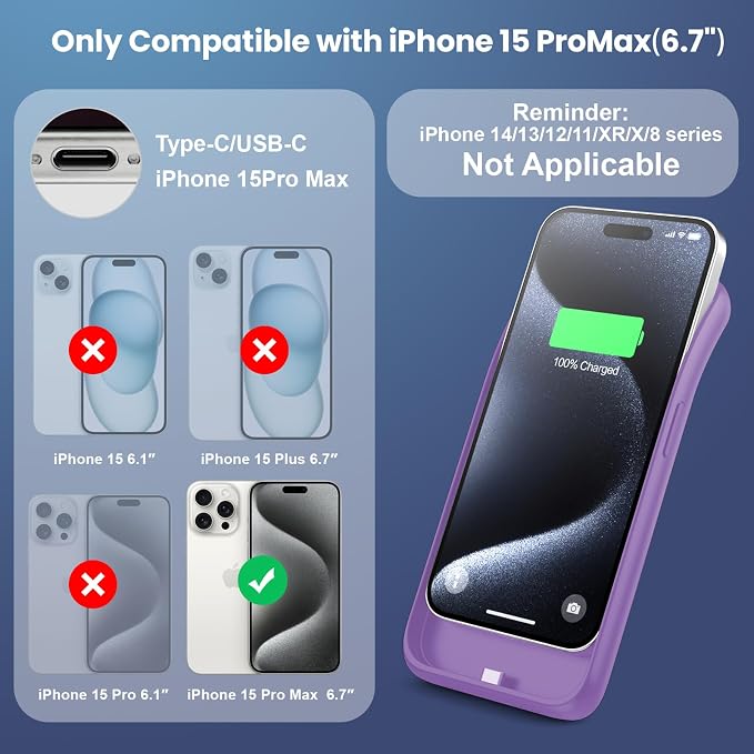 Battery Case for iPhone 15Pro Max, Upgrade 8600mah Portable Slim Battery Charging Case, 15W Fast Charging Rechargeable Protective Extended Charger Cover for iPhone 15 Pro Max (6.7 inch)-Purple