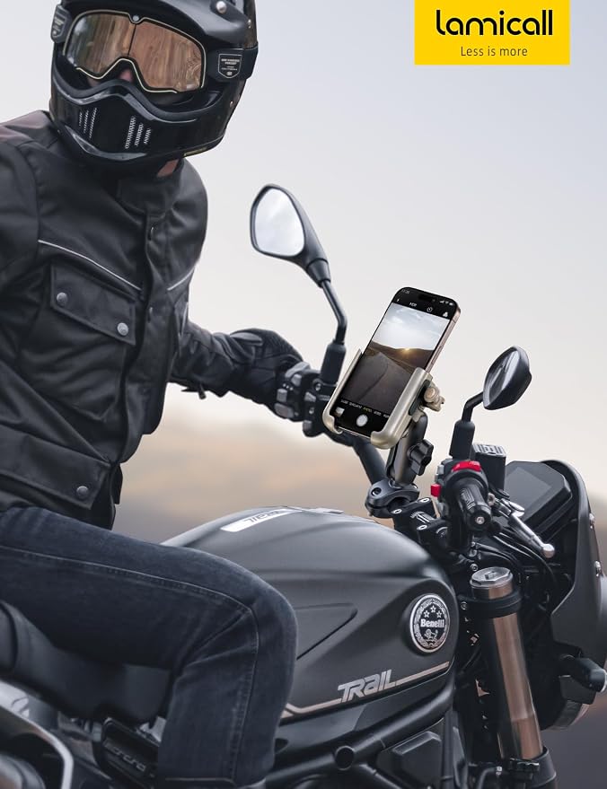 Lamicall Motorcycle Phone Mount Holder - [All Metal] [Anti Shake] [1s Lock] Bike Phone Holder Handlebar Clamp, Bicycle Cell Phone Mount, for iPhone 17 Pro Max, 16 15 14, Galaxy, 4.7-7.2" Phones, Gold