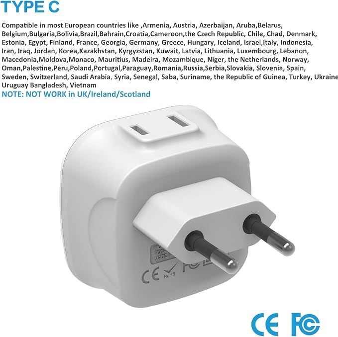 3 Pack European Travel Plug Adapter, VINTAR International Power Plug Adapter with 2 American Outlets 2 in 1 Travel Essentials to France, Germany, Greece, Italy, Israel, Spain (Type C)