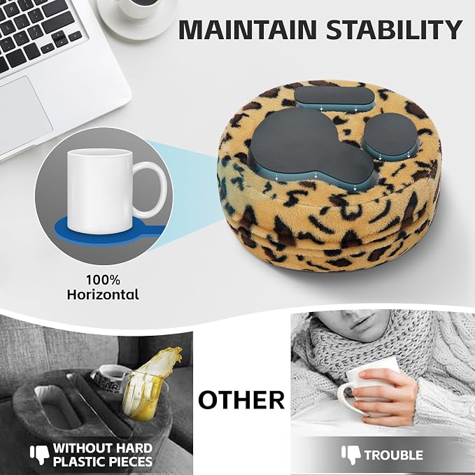 G GOOD GAIN Couch Cup Holder Pillow, Cute Sofa Drink Cup Holder Cozy Buddy | Desk Organizer for Mugs, Snacks, Phone, Makeup | Bed Caddy Tray for Car, Beach, Picnic, Boat, RV, Table (Cheetah)