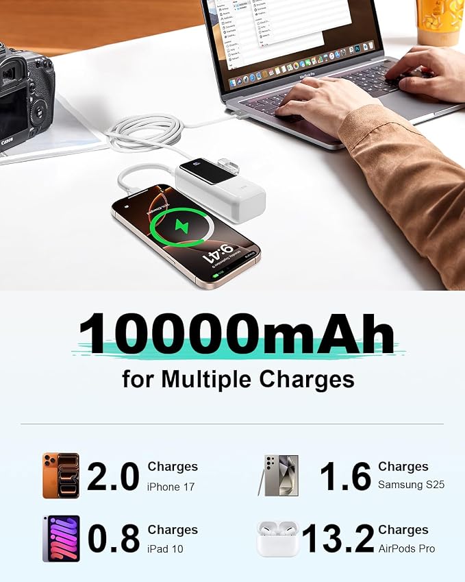 Mini Portable Charger,Small 22.5W PD Power Bank,10000mAh USB C in&Out Fast Charging Pocket Size Battery Pack,Travel Essentials Phone Charger for iPhone 17 16 15 Pro Air,Samsung S24,Android,iPad etc