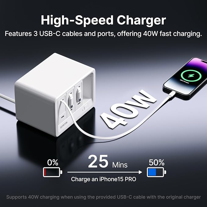 Gitryin 11-in-1 Desktop Charging Station with 3 Retractable Wall Chargers, 40W USB-C Power Strip with 5 AC, 3 USB C, 3 Type-C 33.5in Cables, Extension Cord with 1020J Surge Protection for Home Office
