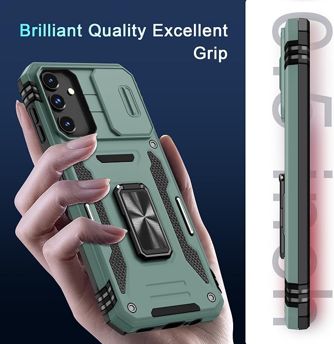 DEERLAMN Case for Samsung Galaxy A15 5G with Slide Camera Cover+Screen Protector (1 Pack), Rotated Ring Kickstand Military Grade Shockproof Protective Cover-Green