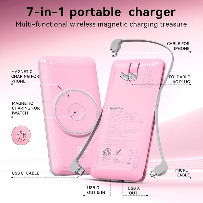 Magnetic 10000mAh Portable Charger for iWatch & iPhone, PD Fast Charging Wireless Power Bank Built-in Cables and Wall Plug, External Travel Battery Pack Compatible with iOS Android Phones