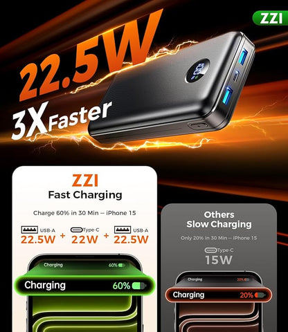 Portable Charger Power Bank, 60000mAh Battery Pack with 3 in 1 USB-C/iOS/Micro-USB Cable, 22.5W Fast Charging Portable Phone Charger, Travel Camping Essential Powerbank for iPhone 17/16 Samsung,Ebony