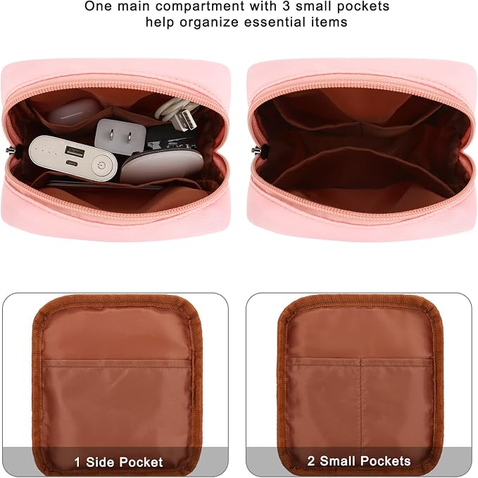 Tech Organizer Pouch, Small Multi-Pocket Electronics Case (Pink) | Water-resistant nylon, foam padding, metal zipper, travel cable bag for charger, power bank, earbuds, SD cards and USB cables
