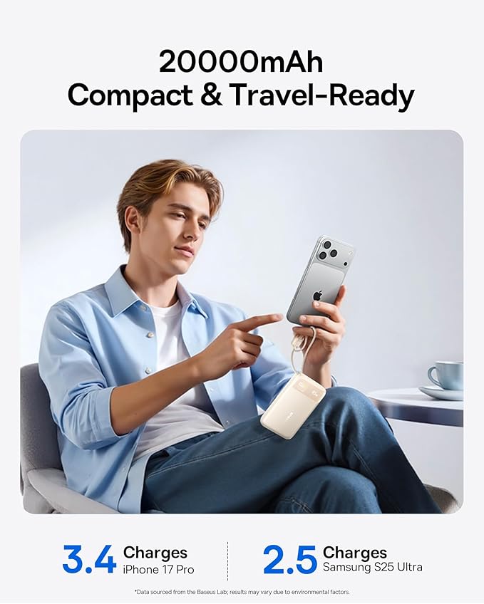Baseus 20000mAh Compact Portable Charger 45W, CCC Certified Power Bank Built-in USB-C Cables, Travel Essential PD Fast Charging Battery Pack for iPhone 17/16 Series Galaxy S25/S24 Ultra Google iPad