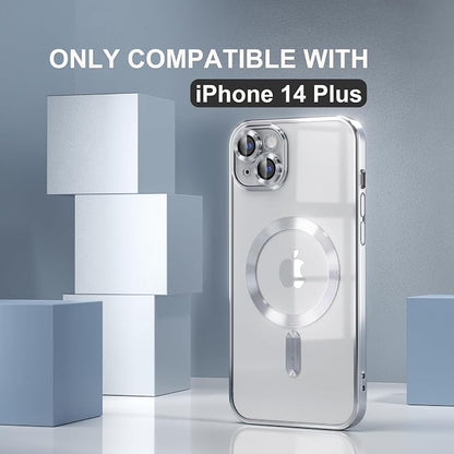 Misea Magnetic for iPhone 14 Plus Case Compatible with MagSafe [Never Yellowing] [Military Grade Drop Protection] Full Camera Lens Protector Plating Soft Clear Phone Case for Women Girls, Silver