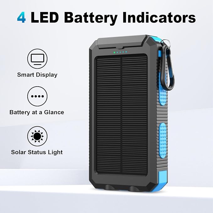 Solar Charger Power Bank 20000mAh Portable Charger with 4 Built-in Cables and USB-C in/Output, Dual Emergency Flashlights, Waterproof Outdoor Battery Pack for Camping, Hiking, Travel, and Storm Prep