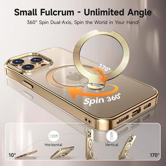 [Tri-Shield Protection] for iPhone 15 Pro Case with 360° Spin Stand Compatible with MagSafe [Magnetic CD Ring] [Screen & Camera Lens Protector] Shockproof Plating Never-Yellowing, Gold-6.1"