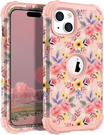 Hocase for iPhone 15 Case, Heavy Duty Shockproof Protection Soft Silicone Rubber Bumper+Hard Plastic Hybrid Protective Case for iPhone 15 (6.1" Display) 2023 - Cute Pink Yellow Flowers