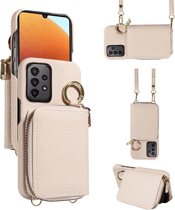 Wallet Case for Samsung Galaxy A32 5G 2021 6.5 inch with Shoulder Strap Ring Buckle, Zipper Flip Organ Purse, Credit Card Holder Stand Phone Cover for M32 G5 A 32 32A S32 SM-A326U A326U White