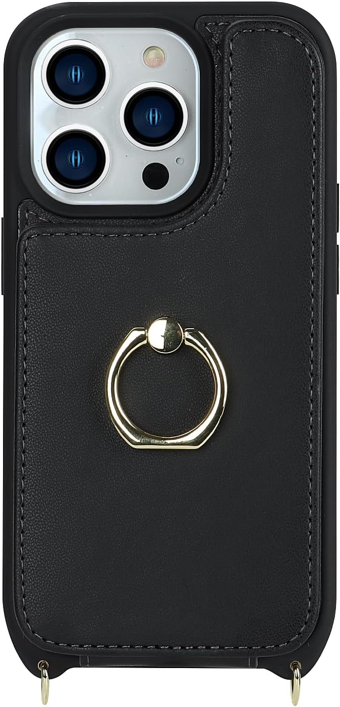 Lipvina for iPhone 14 Pro Max Case with Card Holder for Women,Phone Case with Strap,Crossbody Lanyard,Ring Stand,Snap Clasp,Cute Wallet Cases 6.7" (Black)