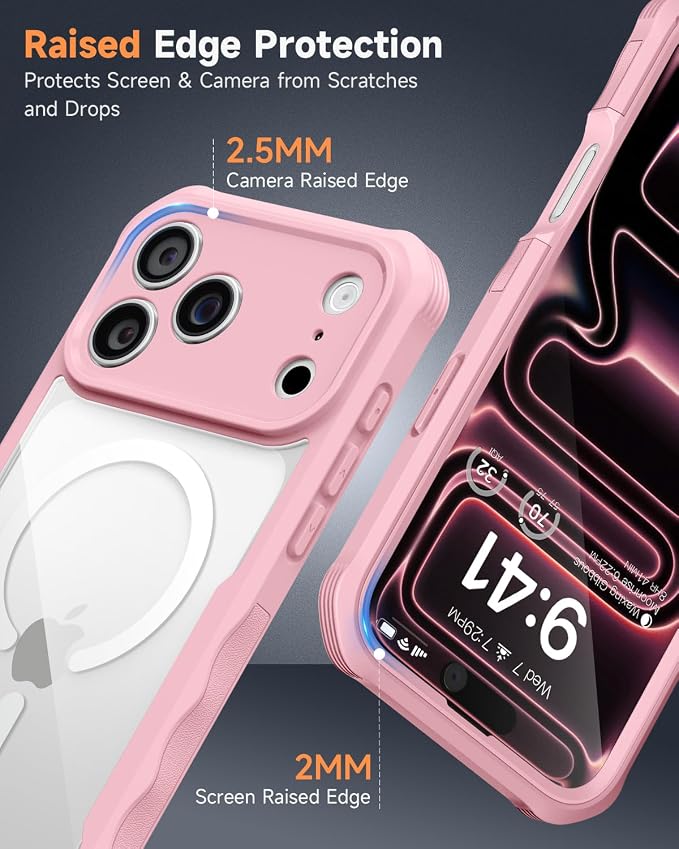 seacosmo for iPhone 17 Pro Max Case, Full Body Bumper with Built-in Tempered Glass Screen Protector and Camera Lens Protection, Compatible with MagSafe, Shockproof 17 Pro Max Case, 6.9", Pink