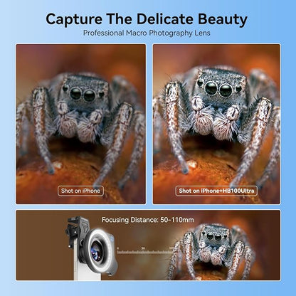 Upgraded Professional Macro Lens for Smartphone with Ring Light, HB100U Macro Photography Lens, Aluminum Phone Camera Lens Kit with Universal Clip. Phone Lens Attachment Fit for iPhone/Android Phone
