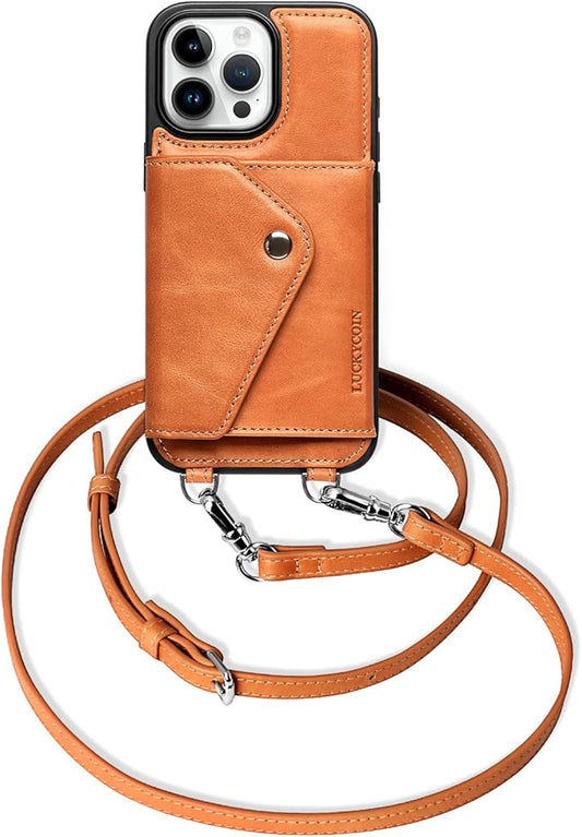 LUCKYCOIN for iPhone 16 Pro Max Crossbody Wallet Case – Genuine Leather Phone Purse with Adjustable Strap and Card Holder,Lanyard Phone Purse Case for Women,Vintage Brown