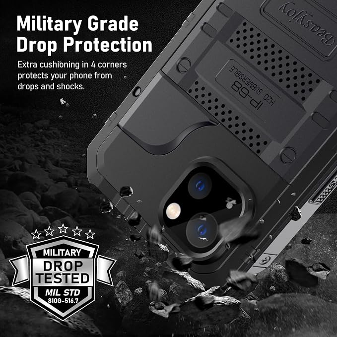 Beasyjoy for iPhone 13 Case Waterproof, Metal Phone Case with Built-in Screen Protector, Heavy Duty Full Body Protective Military Grade Shockproof Rugged Defender Cover 6.1 Inch, Black