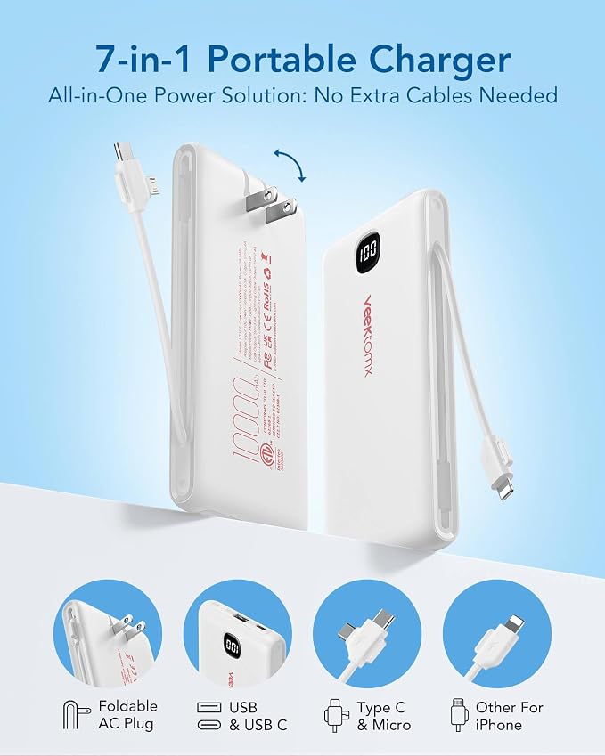 VEEKTOMX Portable Charger with Built-in Cables and AC Wall Plug, 10000mAh | Pocket-Size Travel Power Bank with USB-C and Micro-USB Cables for up to 4 Devices Including iPhone, iPad, Samsung and Kindle