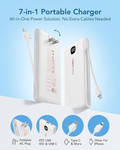 VEEKTOMX Portable Charger with Built-in Cables and AC Wall Plug, 10000mAh | Pocket-Size Travel Power Bank with USB-C and Micro-USB Cables for up to 4 Devices Including iPhone, iPad, Samsung and Kindle