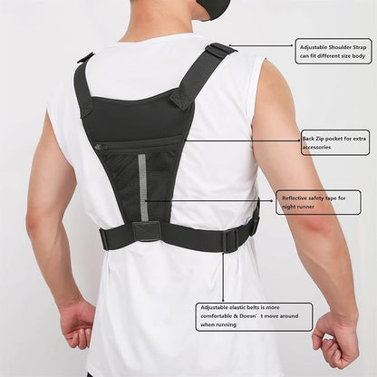 Muserise Sports Chest Bag For Men, Water Resistant Lightweight Front Running Vest Bag With Built-In Phone Holder & Extra Storage For Workouts, Cycling (Black)