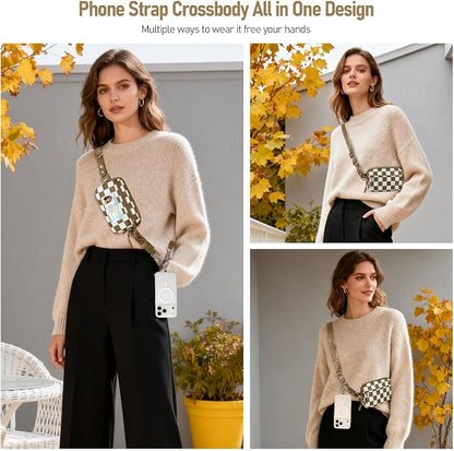 Clip and Go Strap for Phone with Wallet Crossbody Phone Lanyard and Detachable Checkered Bag with ID Window and RFID Pouch for Daily Travel.