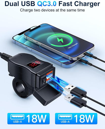 EXTRACTME Motorcycle USB Charger, Dual USB Quick Charge 3.0 Motorcycle Phone Charger with Voltmeter & ON/Off Switch, Waterproof Motorcycle Accessories for All Phone, Tablet, GPS (Red)