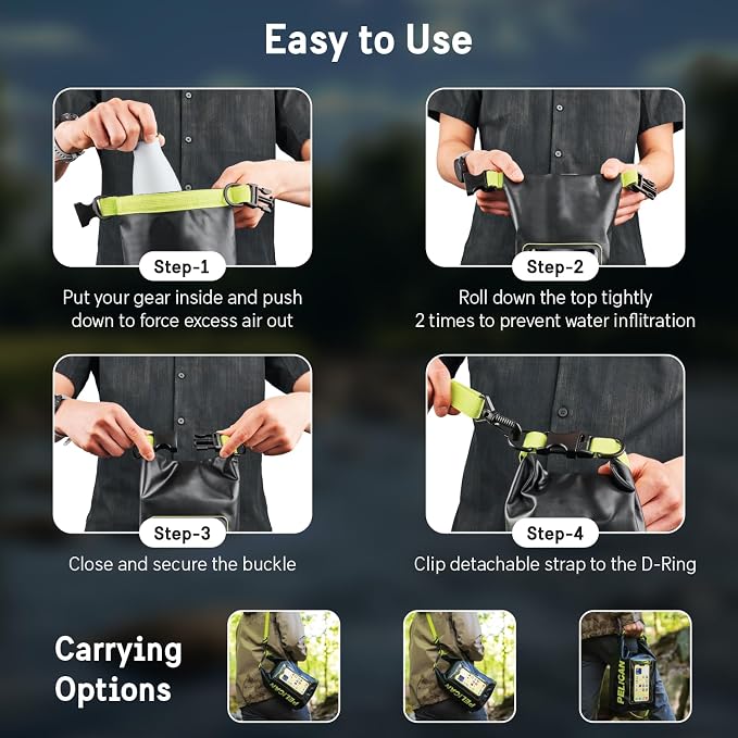 Pelican Marine IP68 Waterproof Dry Bag 5L - Roll Top Waterproof Backpack w/Phone Case/Pouch - Boating & Kayak Accessories - Essentials for Camping Swimming Beach Fishing Rafting Travel - Black/Yellow