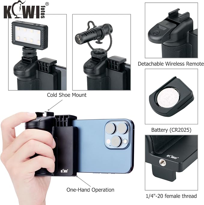 KIWIFOTOS Phone Camera Grip Handle Holder Phone Tripod Mount with Remote Shutter & Cold Shoe Adapter for iPhone 17 16 15 14 Pro Max Samsung Smartphone Selfie Vlog Video Shooting