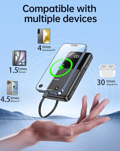 RONEGN Portable Charger Power Bank with Built in Cable 20000mAh | 22.5W USB C Fast Charging Battery Pack for iPhone Android, Slim, LED Display,5 Outputs & 3 Inputs,Travel Essentials
