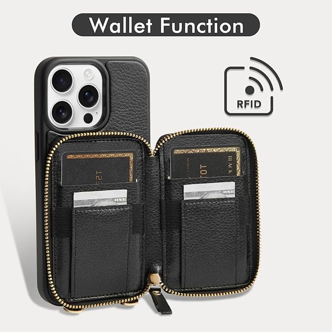 ZVE for iPhone 14 Pro Wallet Case, Card Holder Zipper Crossbody Phone Case with Wrist Strap, RFID Blocking Leather Purse for Women Compatible with iPhone 14 Pro, 6.1 inch, 2022-Black
