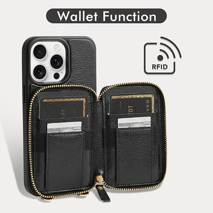 ZVE for iPhone 14 Pro Wallet Case, Card Holder Zipper Crossbody Phone Case with Wrist Strap, RFID Blocking Leather Purse for Women Compatible with iPhone 14 Pro, 6.1 inch, 2022-Black