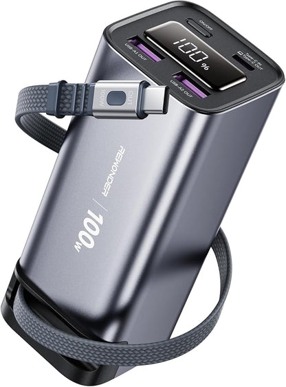 REWONDER 100W Fast Charging Power Bank 20000mAh with Built-in Retractable USB-C Cable, Portable Charger for MacBook Laptop, iPhone 17/16 Series, Samsung, TSA Approved for Air Travel