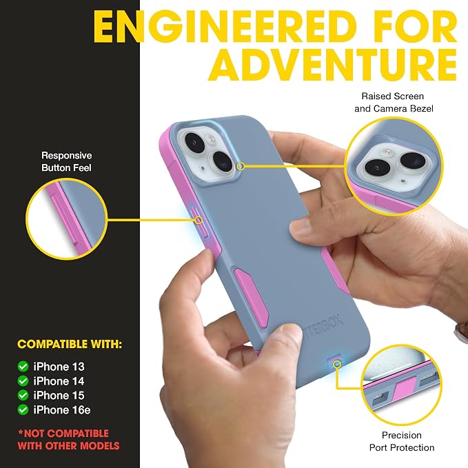 OtterBox iPhone 16e, 15, 14, & 13 Commuter Series Case - Slim & Tough, Pocket-Friendly, with Port Protection - Blue/Pink