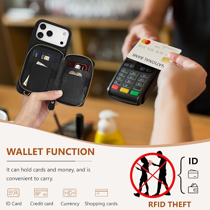 Keallce Wallet Case for iPhone 17 Pro Max 6.9 Inch, Genuine Leather Zipper Purse with Crossbody Strap, 4 Card Slots & RFID Blocking, Kickstand Flip Cover Shockproof for Women, Black