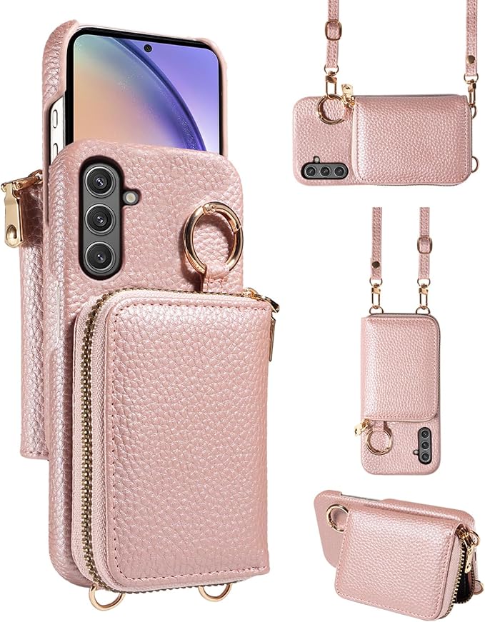 Wallet Case for Samsung Galaxy A56 5G with Shoulder Strap Ring Buckle, Luxury PU Leather Zipper Flip Organ Purse, Credit Card Holder Stand Full Body Cell Phone Cover for A 56 56A LTE Rose Gold