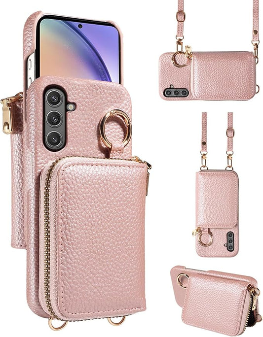 Wallet Case for Samsung Galaxy A56 5G with Shoulder Strap Ring Buckle, Luxury PU Leather Zipper Flip Organ Purse, Credit Card Holder Stand Full Body Cell Phone Cover for A 56 56A LTE Rose Gold