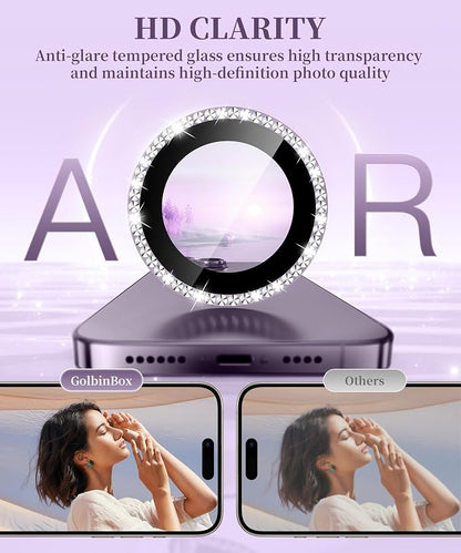 GolbinBox Camera Lens Protector for iPhone 14 Pro/14 Pro Max, 1:1 Invisible Fit, 9H Tempered Glass Ultra HD Metal Individual Camera Cover for Women, Case Friendly, Bling/Deep Purple