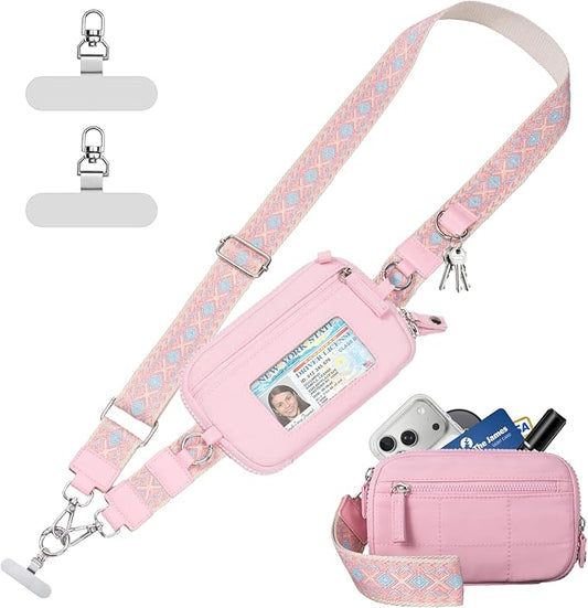 Tiostep Clip and Go Strap for Phone with Wallet Crossbody Phone Lanyard with Anti-Theft Zipper Pouch Detachable Quilted Wrist Wallet with RFID and ID Window for Daily Travel. Pink Large