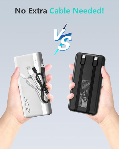 Miady UL Listed 2-Pack Portable Charger 10000mAh Power Bank Battery Pack | 37Wh丨Built-in 2 Cables丨Slim丨Compatible with iPhone 17 Galaxy S24 Android etc丨Flight-Safe丨Travel Camping Essential丨Black+White