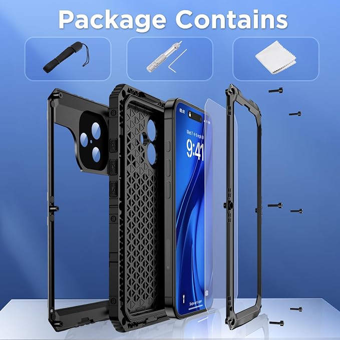Mitywah Waterproof Case for iPhone 16 Plus, Shockproof Heavy Duty Case with Built-in Screen Protector, Underwater Full Body Protective Metal Case 6.7 inch, Black