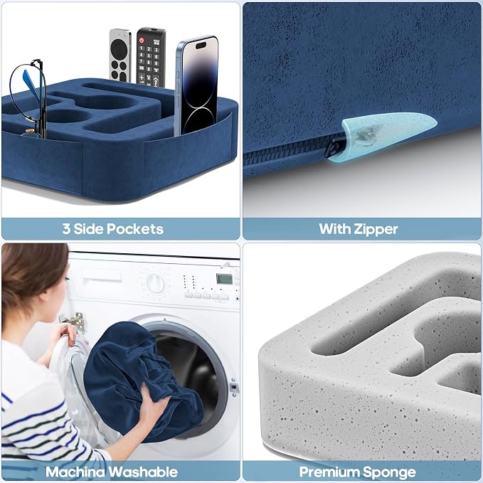 Couch Cup Holder Pillow, Sofa and Bed Caddy for iPad, Kindle, Switch, Game Controller, Remotes, Phones, Small-Sized Cup and Drink Holder for Couch, Bed, Desk, Car, Beach, Bathroom Cup Holder, Blue