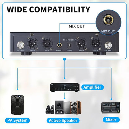 4 Channel UHF Wireless Microphone System with Lavalier Headset Mics, 4x50 Adjustable Frequencies, Ideal for Karaoke Meeting Church, 300ft Range