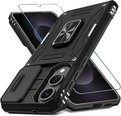 DEERLAMN Case for Samsung Galaxy S25 Edge with Slide Camera Cover+Screen Protector (1 Pack), Rotated Ring Kickstand Military Grade Shockproof Protective Cover-Black
