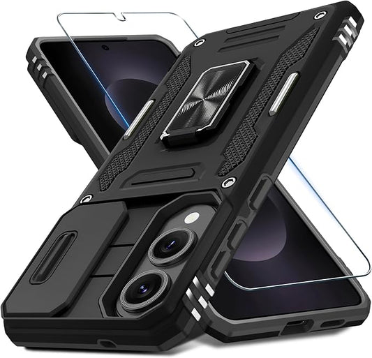 DEERLAMN Case for Samsung Galaxy S25 Edge with Slide Camera Cover+Screen Protector (1 Pack), Rotated Ring Kickstand Military Grade Shockproof Protective Cover-Black