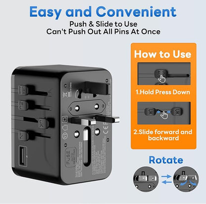 Universal Travel Adapter 70W GaN - International Power Adapter 3 USB C 1 USB A, Worldwide Travel Essentials, European Travel Plug Adapter for Laptop, Phone, Type C/G/D/I/A